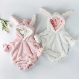 Baby Girl Bodysuits Cute Rabbit Ear Long Sleeve Hooded Infant Jumpsuit Corduroy Warm Autumn Winter Bodysuit born Baby Clothes 210713