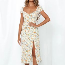 Summer Vintage Party Dress V-neck Elegant Sexy Beach Female Floral Print Mid es Vestidos 210623