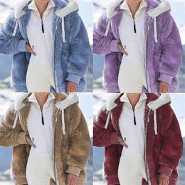 Women's Jackets Autumn Winter Loose Plush Zipper Hooded Jacket Women Warm Teddy Bear Fluffy Coat Fleece Color Matching Outwear