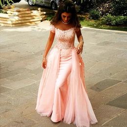 Pink Long Lace Evening Dresses Party A Line Plus Size Dinner Women Celebrity Detachable Skirt Prom Formal Gowns