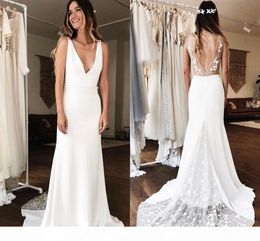 Simple Mermaid Dresses Sexy Deep V Neck Backless 3D Floral Applique Custom Made Sweep Train Beach Wedding Gown Vestido De Novia 403 403