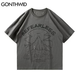 GONTHWID T-Shirts Streetwear Hip Hop Cartoon Mountain Short Sleeve Tshirts Mens Fashion Harajuku Casual Cotton Loose Tees Tops C0315