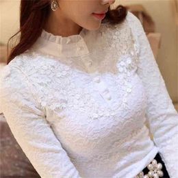 Women Lace Embroidery Blouse Feminine Black Primer Long Sleeves Shirt Plus Size 3XL Tops 210719