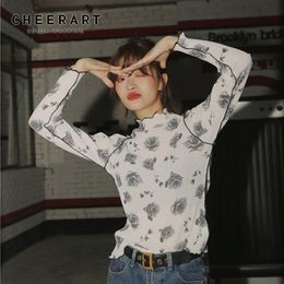 CHEERART Vintage T Shirt Long Sleeve Top Floral Print White Tee Shirt Turtle Neck Underwear Women Korean Style Fall 210310