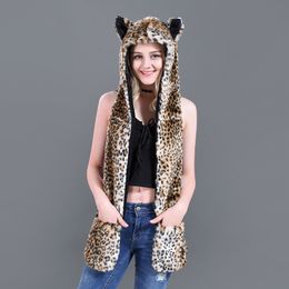 Fashion Hat Scarf Glove Integrated Animal Plush Cartoon Small Leopard Pattern Imitation Fur 211207