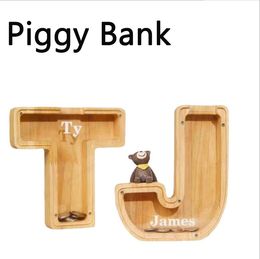 Piggy Bank Favor Wooden Clear Window Coin Money Saving Box Meaningful English Letters Storage Boxes Home Decor