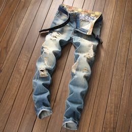 Distressed Hole Design Men's Jeans Ripped Biker Slim Fit Washed Motorcycle Denim Hip Hop Fashion Men Pants