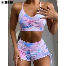 Riseado Sexy Bikini Set Tie Dye High Waisted Swimsuits Push Up Swimwear Women Ruched Drawstring Bathing Suit Boyleg Summer 210630