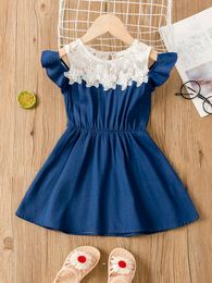 Toddler Girls Contrast Lace Cold Shoulder Ruffle Trim Dress SHE