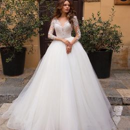 Elegant Long Sleeve A Line Wedding Dress 2022 Spring Summer Vestidos Appliques Lace Top V-neck Country Garden Bridal Gowns Ivory Tulle Bride Dresses Illusion Back