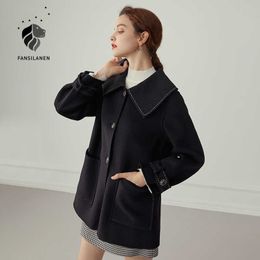 FANSILANEN Elegant black 100% wool blend coat Women turn down collar vintage winter Female cashmere long over 210607