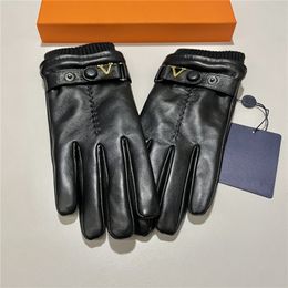 2023Trendy Leather Brand Letters Sheepskin Mittens Plus Velvet Warm Mitten Touch Screen Outdoor Cycling Driving Glove