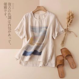 New Summer Arts Style Women Short Sleeve Loose T-shirt Vintage Print cotton linen Tee Shirt Femme Casual Tops Plus Size M141 210306