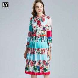 LY VAREY LIN Spring Women Dress Lace Stitched Bow Tie Elegant Print Midi Long 210526