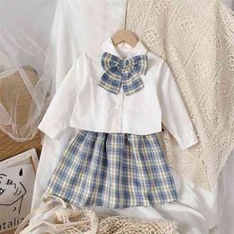 Gooporson Autumn Kids Clothes Plaid Bow Tie Blouse Cardigan&skirt Fashion School Uniforms Fall Little Girls Clothing Set Outfits 210715