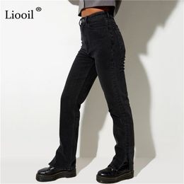 Liooil Boyfriend Slit High Waisted Jeans Women Streetwear Straight Leg Black Skinny Jeans Pants Fall Casual Denim Trousers 211111