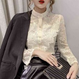 Lady Pearl Stand Collar Lace Shirt Women's Fashion Long-Sleeved Spring Autumn Casual Blouse Tops P032 210527