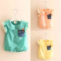 Summer Yellow Green Pink Colour Patchwork Sweet Cute Baby Kids Girl Short Fly Sleeve Rabbit Pocket Thin Blouse Shirt 210701