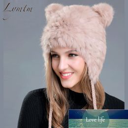 New Lovely Bear Ear Skullies Beanies Genuine Rex Fur Fabric Knitted Hats Winter Warm Soft Solid Caps Snow Women Hat Factory price expert design Quality Latest Style