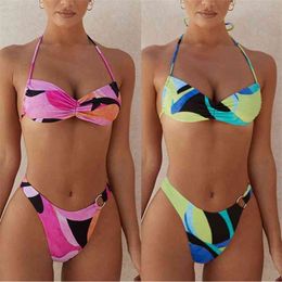 Sexy Print Halter Bikini High Waisted Swimwear Women Push Up Bathing Suit Cut Beach Wear Brazilian Biquini 210621