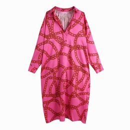 Wide Women Dress Spring Fashion Vintage Chains Prints Full Sleeve Modern Lady Loose Dresses 210602