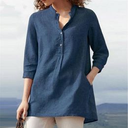 Shirt Blouse new Casual Solid Pockets Cotton Linen Summer Women 3/4 Sleeve shirt Retro Elegant Female Party Vestidos 5XL 210225