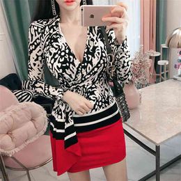 Elegant print mini Dress korean ladies Sexy long Sleeve V neck Patchwork Nightclub Party Dresses for women 210602