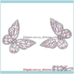 Stud Jewelry Han Hollow Powder Zircon Butterfly Temperament Female Wild Personality Earrings Super Fairy Ear Jewelry 925 Sier Drop Delivery