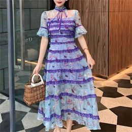 Elegant Tulle Summer Runway Evening Party Dress Women Lace Mesh Flowers Embroidery Female Layer Cake Maxi 210603