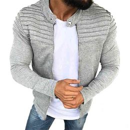 Men Sports Jacket Coat Autumn Winter Male Pleats Stripe Zipper Long Sleeve Outwear Solid Casual Cardigan Clothes 210811