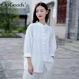 OriGoods Women Long sleeve Shirt Autumn Chinese style Shirt Blouse Cotton Linen Vintage Shirt Qigong Tai Chi clothes C269 210721