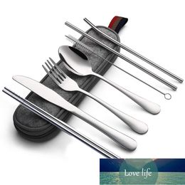 7pcs Dinnerware Set Travel Cutlery Set Reusable Silverware with Metal Straw Spoon Fork Chopsticks Kitchen Accessory with Case Factory price expert design Quality
