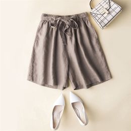 Women Summer Fashion Korean Style Pure Linen Wide Leg Shorts Office Lady Solid Colour Elastic Waist Casual Harajuku Ulzzang Short 210625