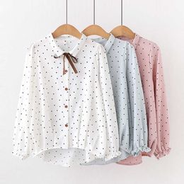 Birds Dot Shirts 35% Cotton Female Tops Fashion Spring Summer Loose Casual Ladies Shirt Bow Tops White 210604