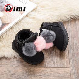 DIMI Winter Baby Girl Boots Rabbit Hair Ball Infant Toddler Cotton Shoes Non-Slip Warm Plush Child Snow Boots For Girl 210312