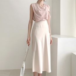 Elegant High Waist Satin Skirt Women Casual A-Line Midi Silk Slim Summer Autumn 210303