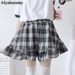 Japanese Spring Autumn Women Lolita Skirt High Waist Plaid Mini Cotton Skirts Saias Cute Kawaii Ruffles Christmas Gift Skirts 210311