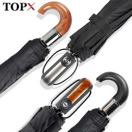 Wind resistant 3Fold Automatic Umbrella Rain Women Leather Wood Handle Business British Style Men's Gift Large 210626