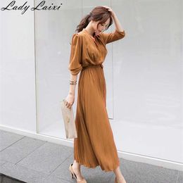 Spring Women Elegant Long Dress Female Solid Sleeve Belt Lace Up Loose Casual Office Lady Pleated 210529