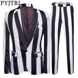 PYJTRL Tide Men 2-piece Set Black White Striped Zebra Style Suits Jacket With Pants Fashion Casual Slim Suit Prom Dress Tuxedos X0909