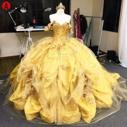 NEW! Vintage Gold Quinceanera Dresses Cinderella Ball Gowns Off Shoulder Floral Flower Lace Applique Bling Tulle Taffeta Sweet 16 Dress Girls Prom