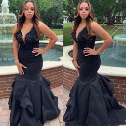 Gorgeous Black Evening Dresses V Neck Straps Lace Applique Satin Tiered Skirt Custom Made Floor Length Prom Party Gown Vestido 2021 403 403