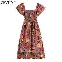 Zevity Women Fashion Floral Print Elastic Patchwork Midi Dress Female Chic Summer Beach Vestido Slim Ladies Clothing DS8360 210603