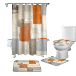 -Душевые занавески оранжевые краски граффити абстрактные водонепроницаемые ткани ванная комната занавес набор противоскольжения коврики туалет крышка крышки