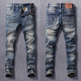Italian Style Fashion Men Jeans High Quality Retro Dark Blue Elastic Slim Ripped Vintage Designer Casual Denim Pants A8HI