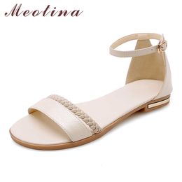 Meotina Women Shoes Summer Sandals Natural Genuine Leather Flat Shoes Buckle Open Toe Ankle Strap Sandals Female Big Size 33-46 210608