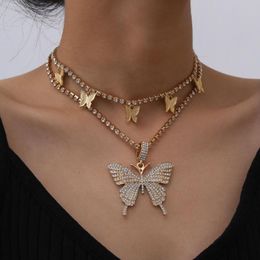 Pendant Necklaces 2Pcs Luxury Shiny Rhinestone Necklace Women Hip Hop Crystal Cute Animal Butterfly Necklacee Girl Party Jewellery Gif