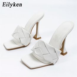 Eilyken Summer Design Weave Square Toe Heels High Quality Strange Style Slippers Gladiator Womens Sandal Slides Shoes 210903