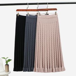 GIGOGOU Cable Twist Women Knitted Skirts Autumn Winter Thick Warm Midi Skirt Elastic Band High Waist Tulle Skirt for Women 210309