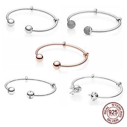 925 Sterling Fit Original Pandora Charms Heart T-Bar Cuff Sparkling Disc Clasp Snake Chain Bracelet Women Jewelry
